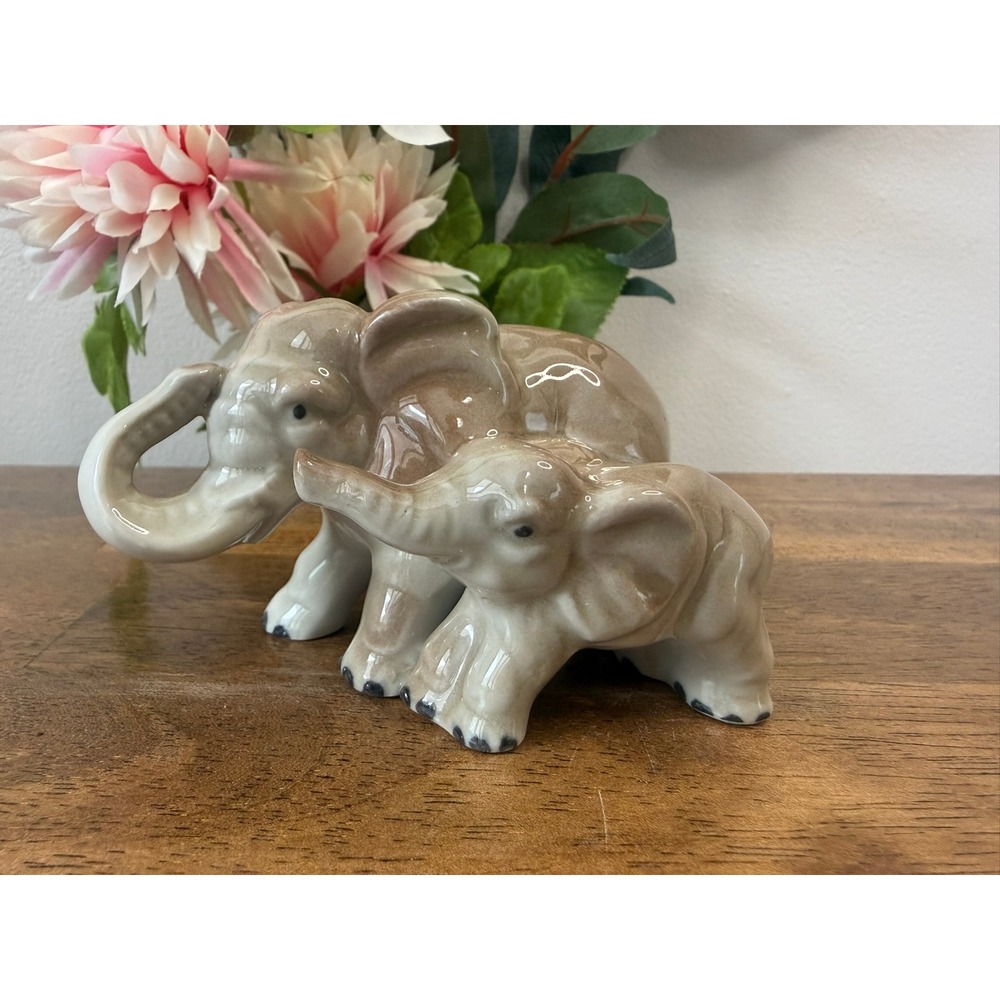 Vintage Ceramic Elephant Figurines Pair Trunks Up Mid Century Home Decor African